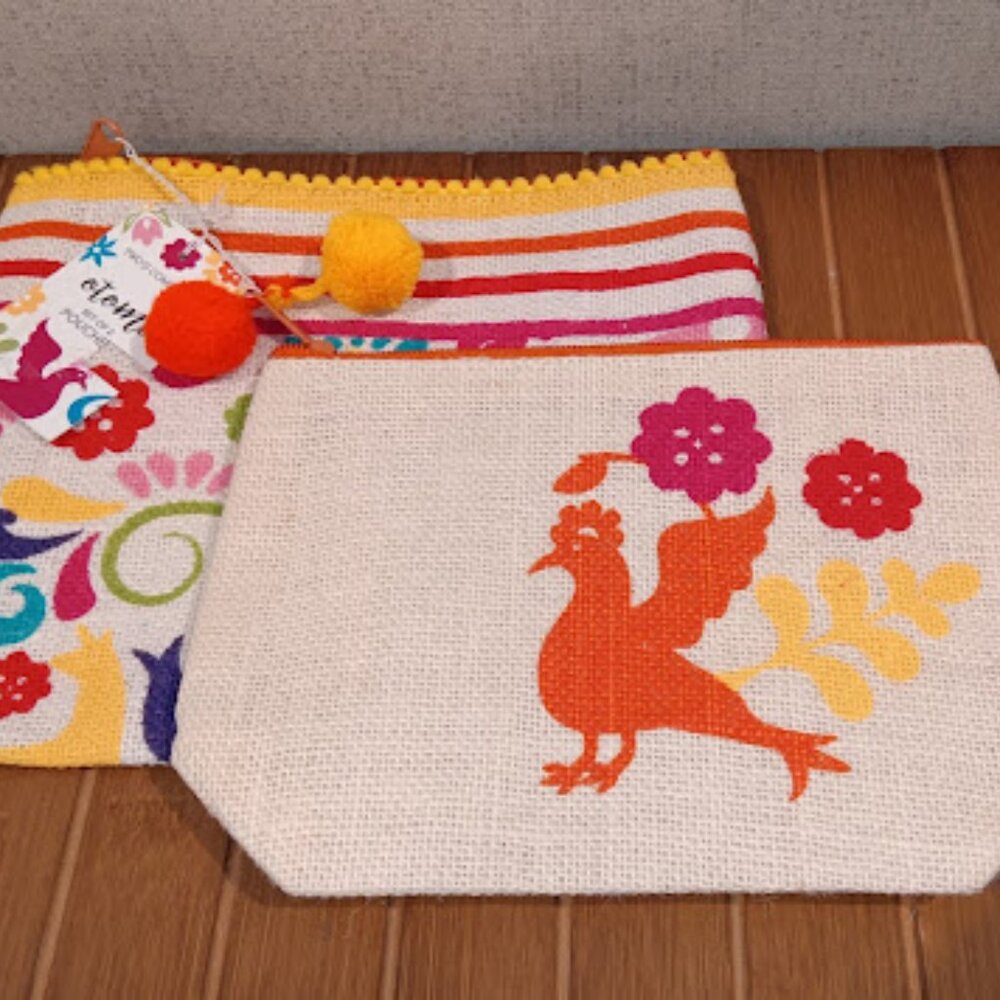 Two's Company Set Of 2 Jute Pouch Colorful Bird Floral Travel Cosmetic Make-up